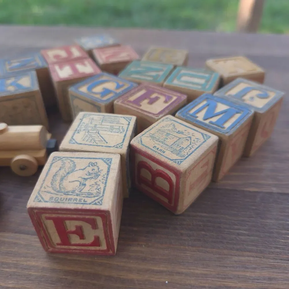 Vintage Wooden Alphabet Blocks & Train Set 20 Pc Learning Toy Nursery Decor